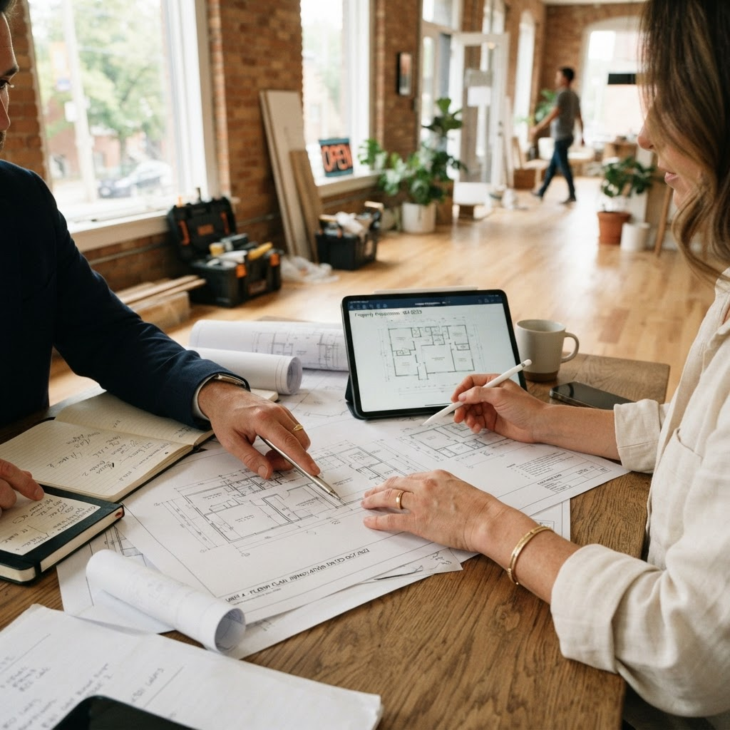 Investors reviewing property plans and financing details together