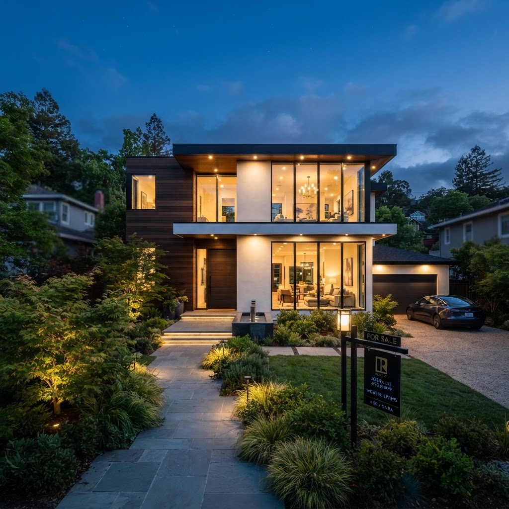 Modern renovated investment home at dusk with warm interior lighting